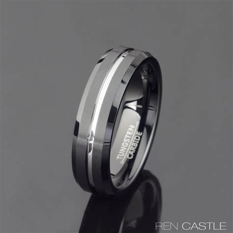 Men's Beveled Brushed & Grooved Tungsten Wedding Band